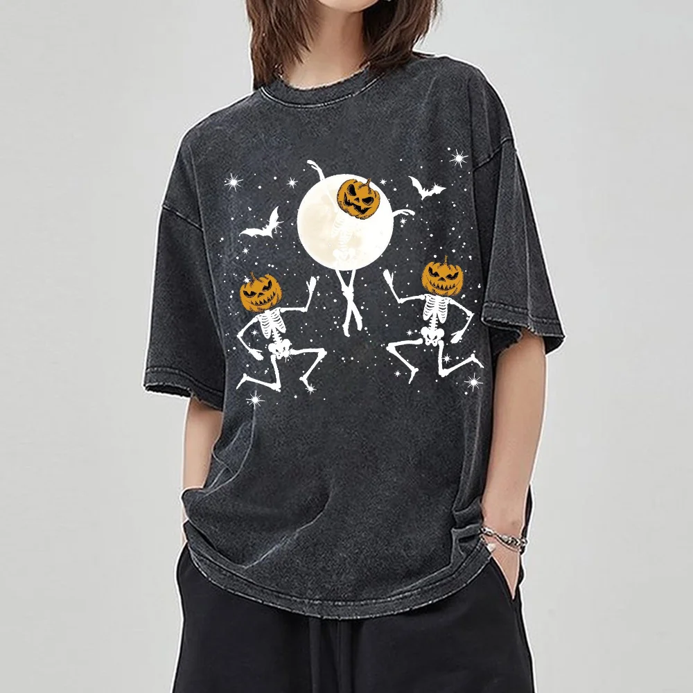 

2024 Halloween Pumpkin Skull Print Women's Wash T-Shirt New Oversized Couple Short Sleeve Y2K Funny Design Top