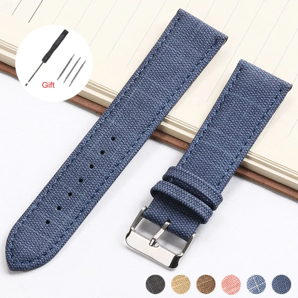 Vintage Denim Nylon Watch Strap for Huawei Gt2/3 Retro Fabric Bracelet 12mm 14mm 16mm 18mm 20mm 22mm Soft Watchband Accessories