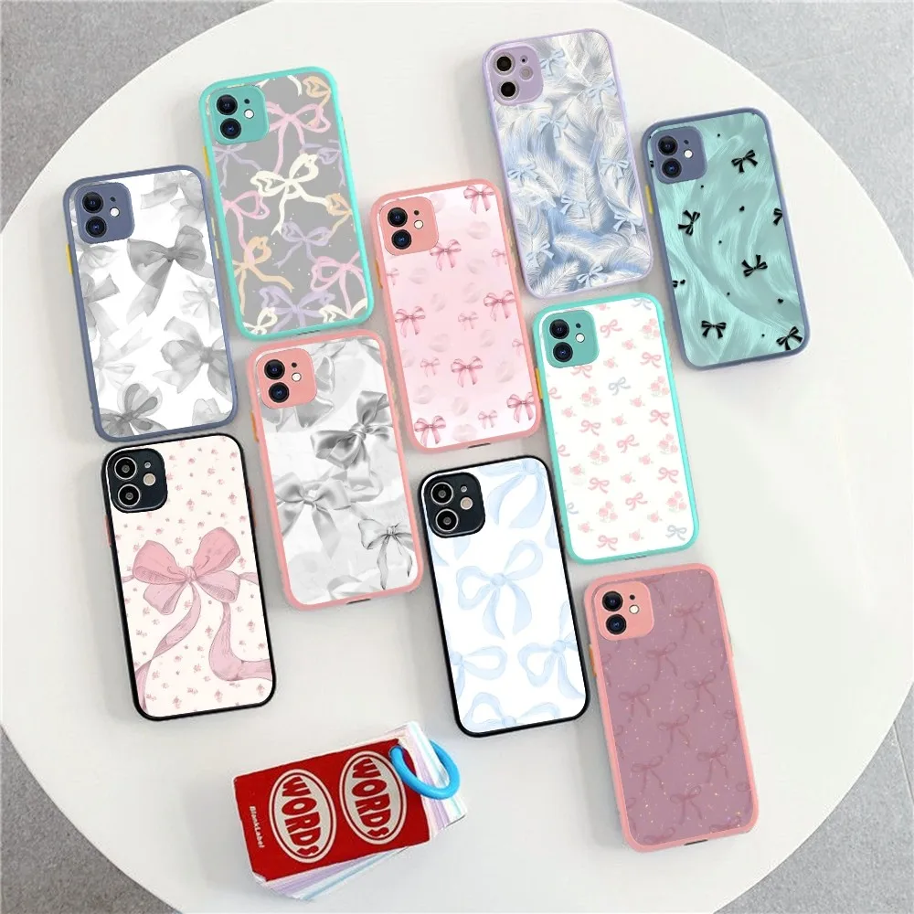 

Luxury Laser Silver Bow knot Phone Case For iPhone 14 X XR XS 7 8 Plus 11 12 13 pro MAX 13mini Matte Shockproof Case