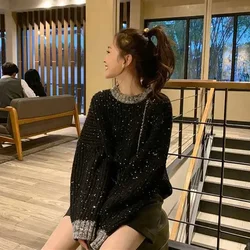 Women's Sweater Black Round O Neck Knit Tops For Woman Pullovers Cheap And Stylish Offers Clothes Harajuku Fashion Korean