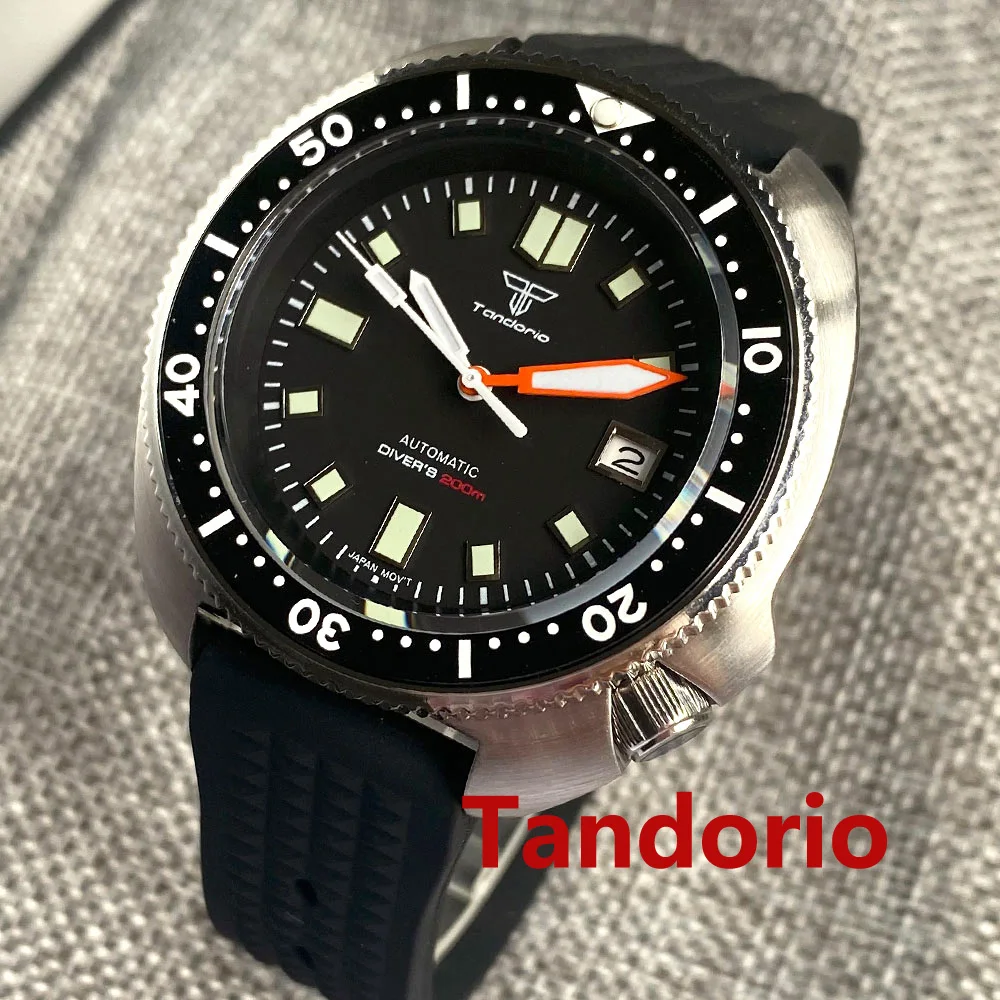Tandorio 44mm Japan NH35/PT5000 Movement Automatic Date Luminous Men Watch 200M Water Resistance Sapphire Glass Rubber Strap