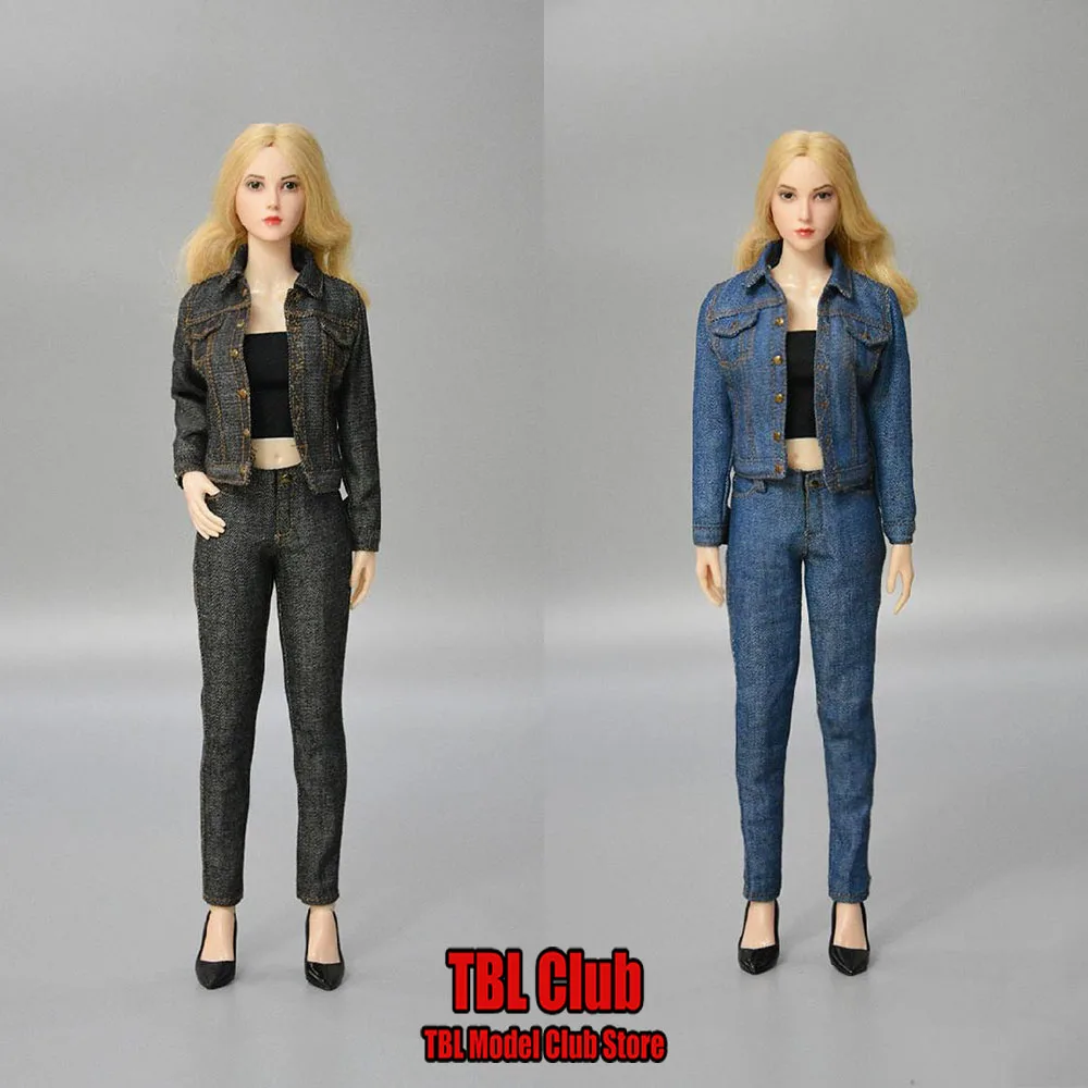 1/6 Female Soldier Denim Set Pants Bra High Heels Women Short Coat Jacket For 12inch Action Figure Doll Clothing Model