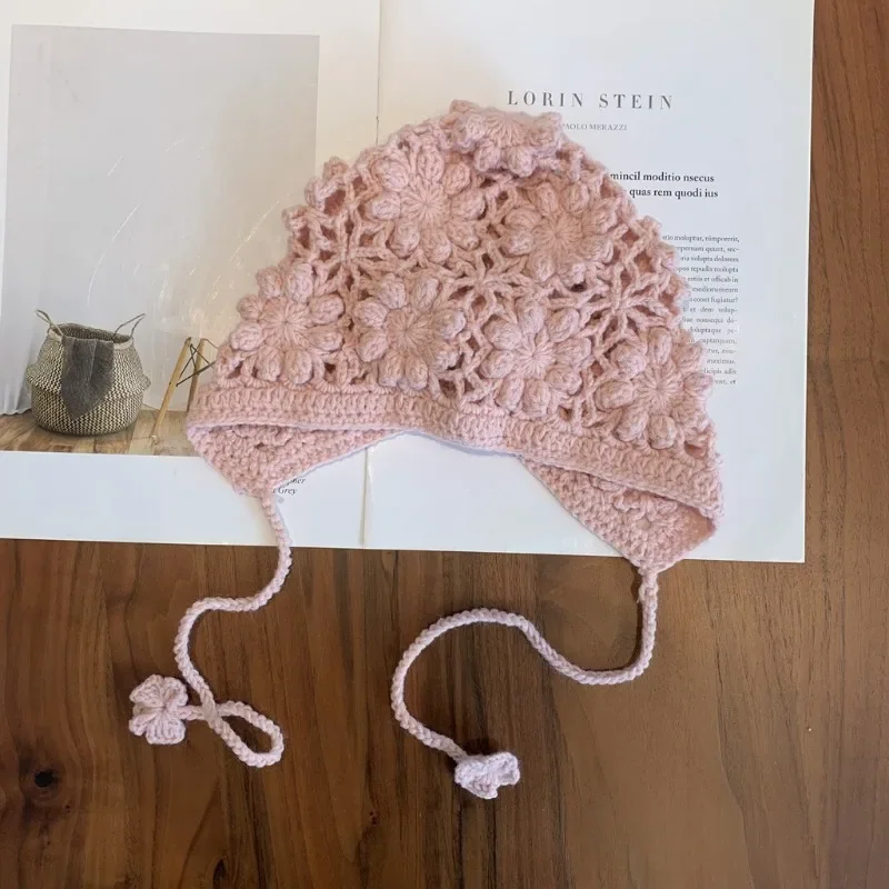 Baby Hat 44-50cm Handmade Knitted Earflap Hat Girls Kid Beanie Autumn Winter Children Wool Cap Windproof Cold Proof Princess Hat view 5