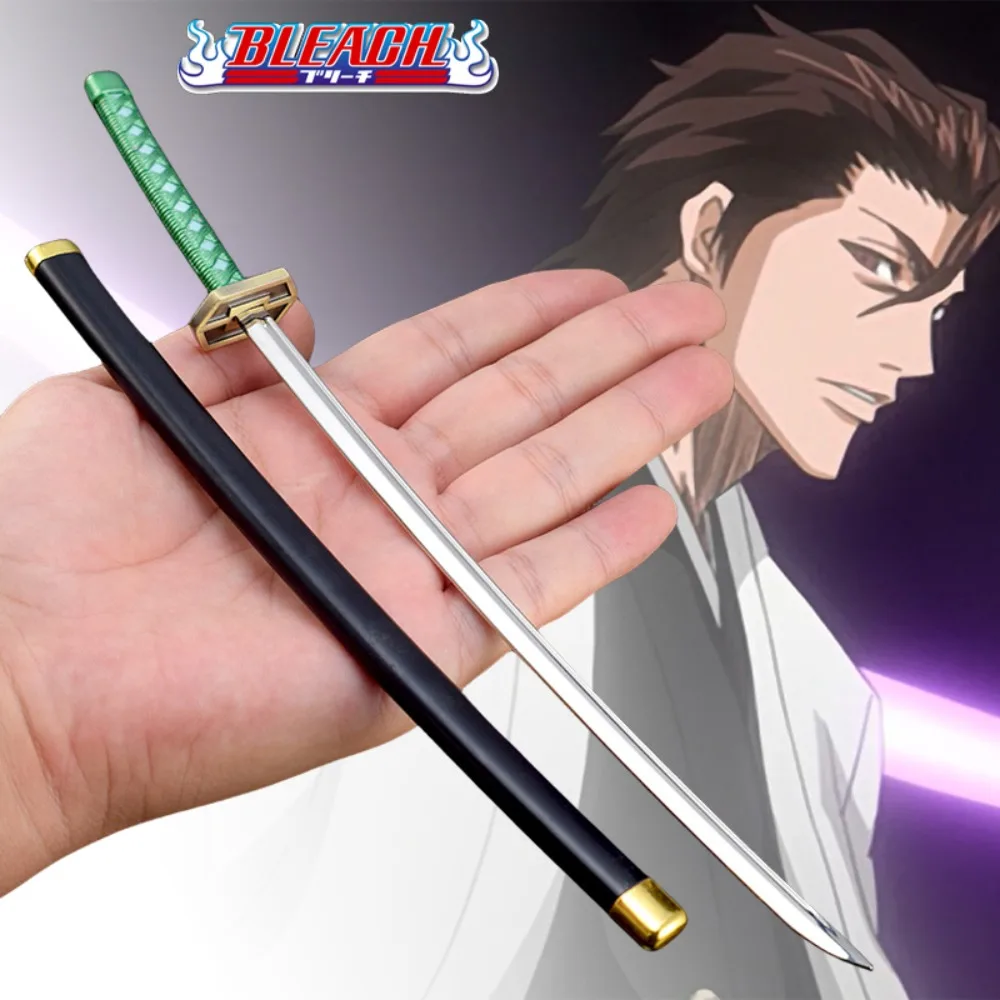 26cm Mini Metal Bleach Katana Keychain Aizen Sousuke Cosplay Prop Ninja Knife Bleach Japanese Katana Real Samurai Sword Keychain