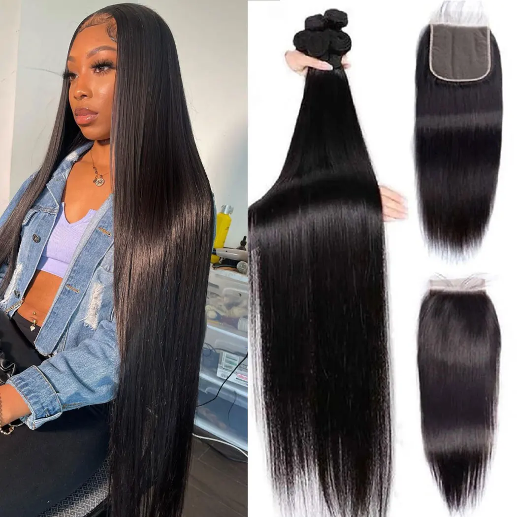 Malaysian Straight Hair Bundles With Closure 100% Human Hair 2/3/4 Bundles With Frontal Transparent Lace Frontal With Bundles