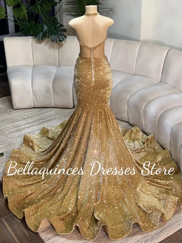 فساتين لحضور الحفلات الموسيقية باللون الذهبي اللامع للفتيات باللون الأسود فاخر ومثير بحورية البحر بكريستال مطرز فستان طويل للحفلات للنساء 2025 حسب الطلب