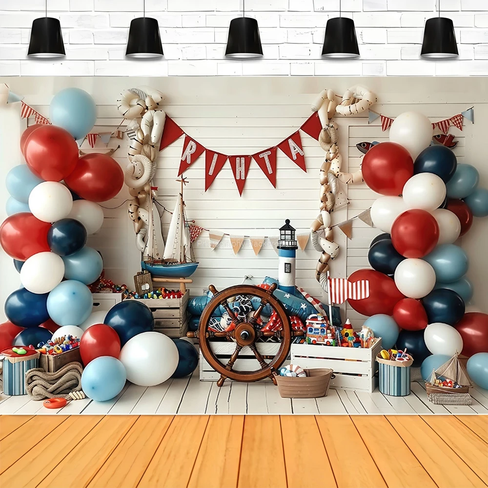 Blue Marine Lighthouse Sailboat Photography Backdrops Fishing Net Balloon Photo Studio Background Birthday Party Decor YW-02