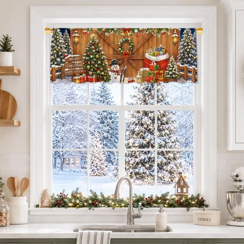 VIKAMA Christmas Window Valance Cabin Print Short Curtain for Kitchen Window Holiday Home Decor Festive