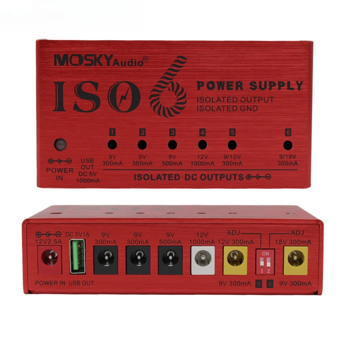 Mosky ISO-6 Guitar Pedal Power Supply w/6 Isolated 300Ma Outputs 9V/12V/18V Switchable for Guitar Effect Pedals Isolated Power