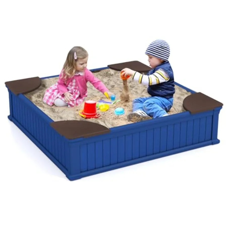 

Backyard lawn garden beach kids sandbox with cover, HDPE sand pit, navy wood grain, 4 corner seats, Oxford cover bottom liner,