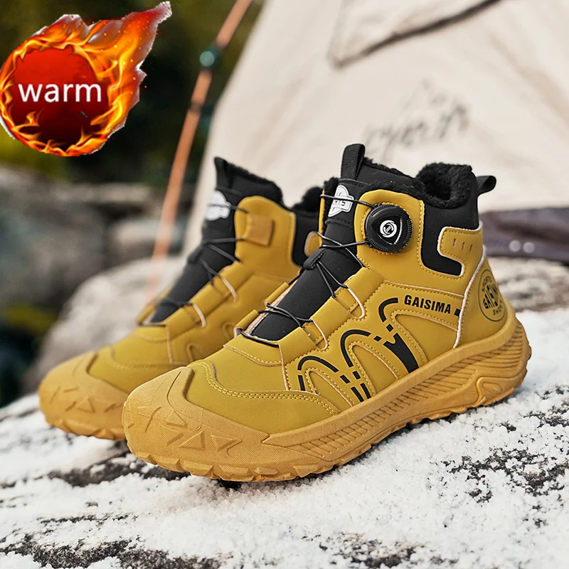 

2025 Winter Fur Warm Motorcycle Boots Man Knob Buckle Yellow Ankle Boots For Men Outdoor Platform Non-Slip Men's Tooling Shoes