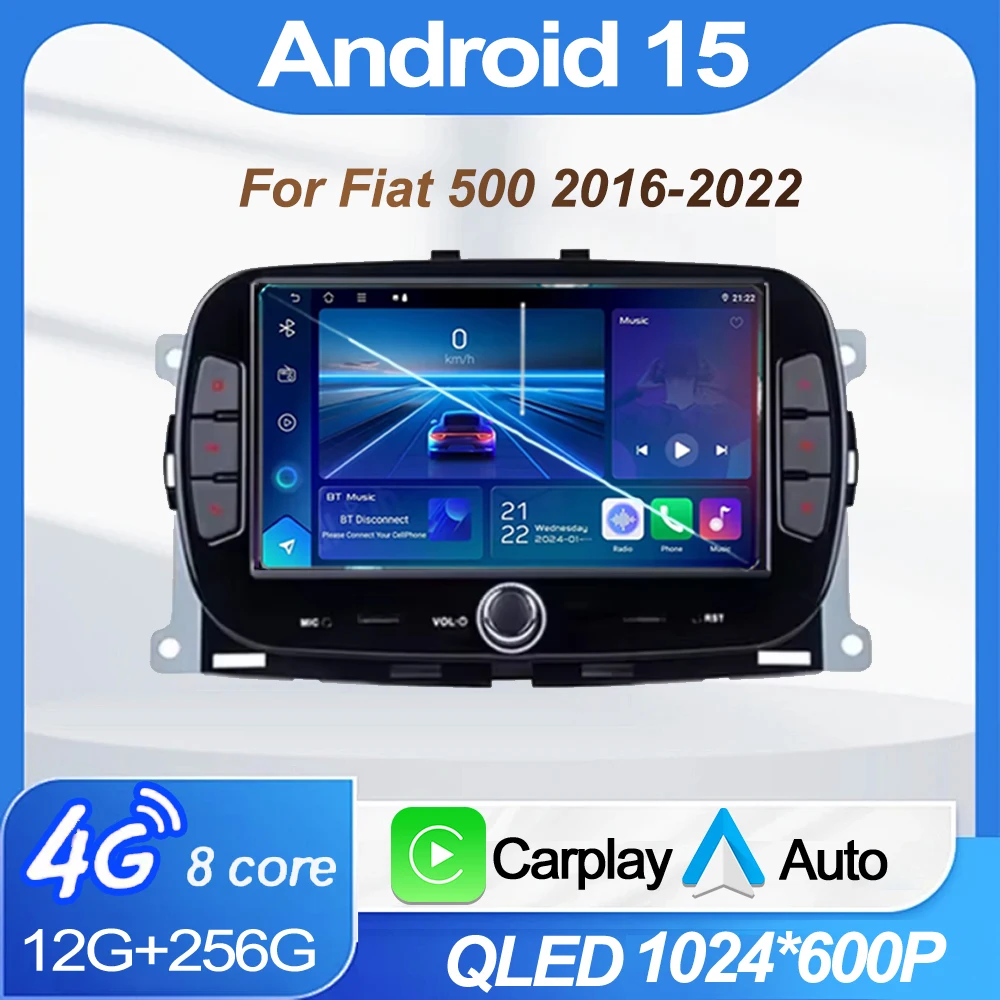 

7-дюймовый автомобильный радиоприемник-мультимедийный плеер Android 15 для Fiat 500 2016-2022 2din GPS-навигация CarPlay без 2din DVD QLED экран головное устройство