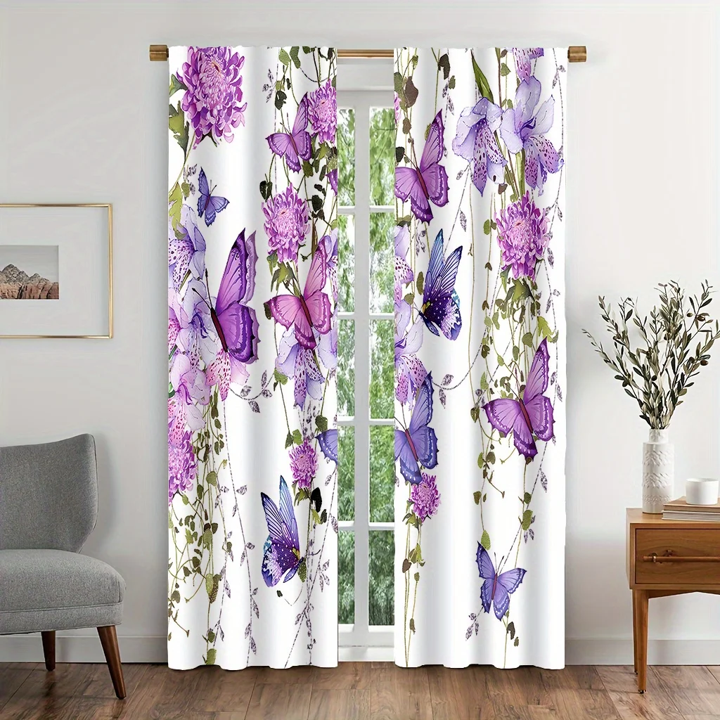 

2 шт. дверные шторы с бабочкой и цветочным узором — элегантная атласная отделка, легкий полиэстер с подхватами, можно стирать в машине
