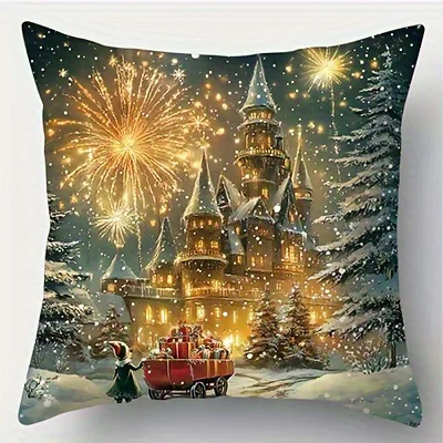 Home Decor Christmas Magic: Castle & Holiday Scenes Pillow Covers Pattern Cushion Cover Suitable for Sofa Bedroom Car Pillow