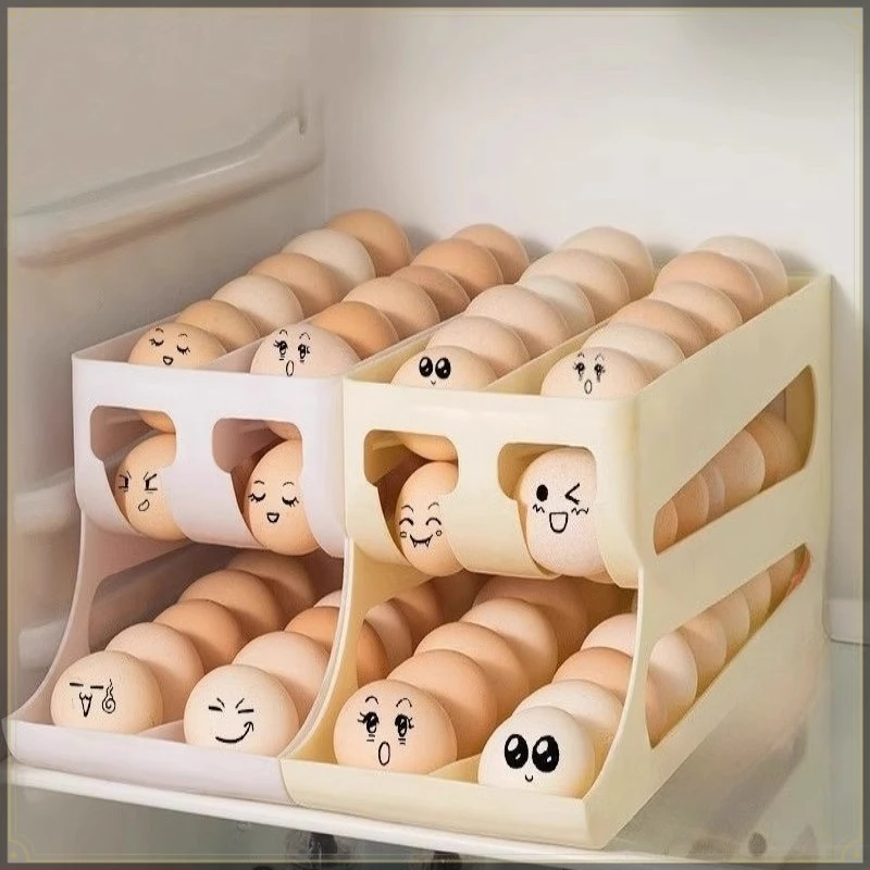Food Grade PP Plastic Rolling Egg Rack 2 Tier Slope Design Large Capacity Easy Clean Fridge Side Door Egg Organizer Container