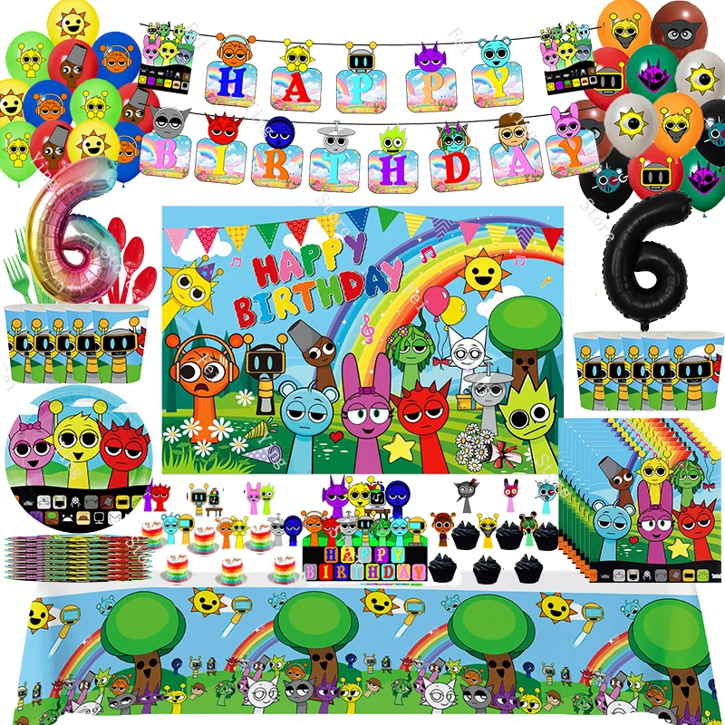 Sprunki Birthday Party Decorations Disposable Tableware Supplies Banner Cake Topper Balloons Incredibox Birthday Decorati