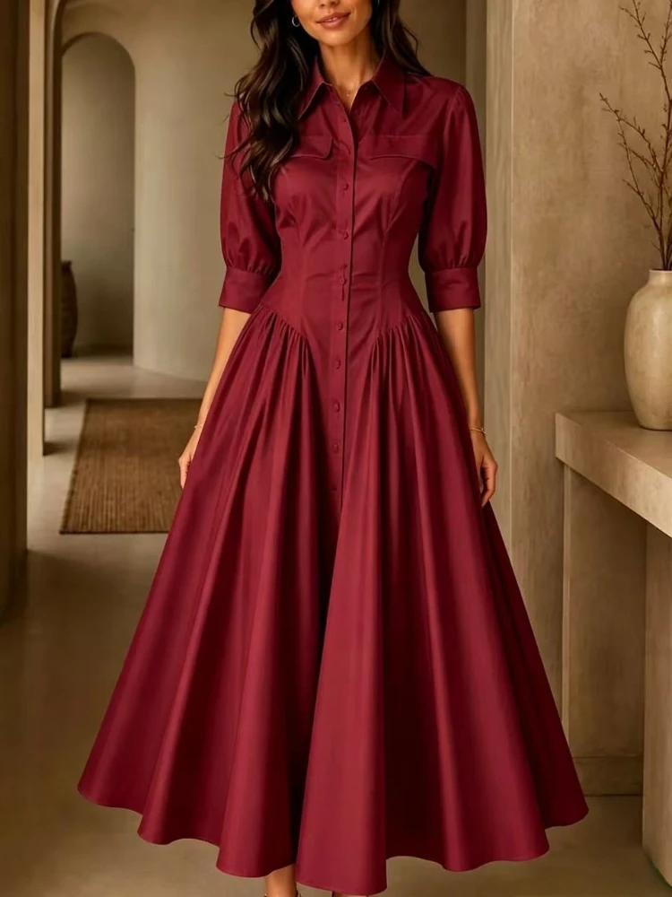 Frühjahr/Sommer 2026 grenzübergreifendes europäisches elegantes Kleid aus Baumwoll-Leinen-Mischgewebe mit Knopfleiste, hoher Taille, einfarbig und mit Taschen.