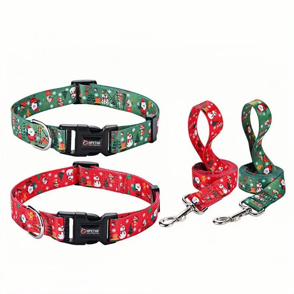 Christmas Pet Collar Leash Set Snowman Santa Claus Pattern Red Green Dog Training Leash Adjustable Cat Collars for Puppy