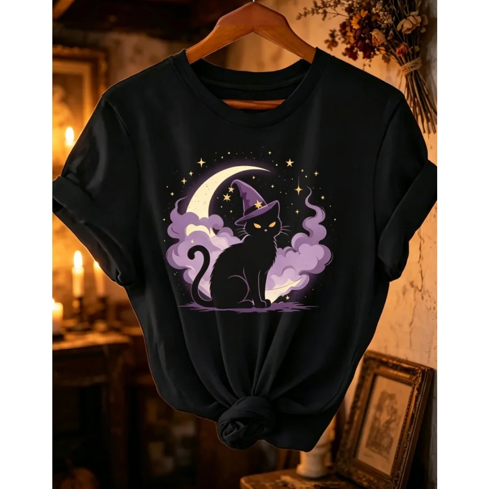 Halloween Black Cat T-shirt Women Men Vintage Moon Bat Graphic Tee Gothic Casual Short Sleeve Top