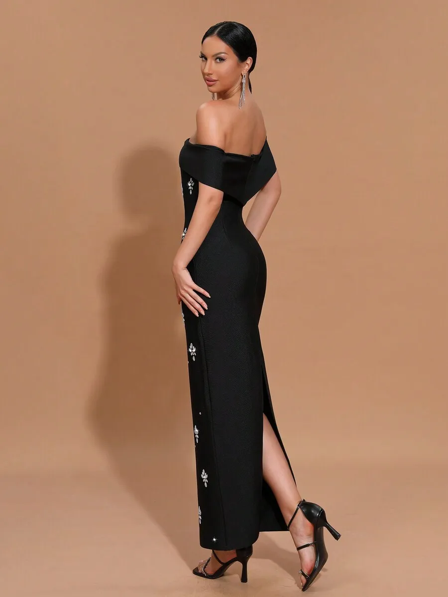 Black Off-Shoulder Bandage Maxi Dress With Side Slit And Floral Crystal Detailing For Formal Evening Wedding Events