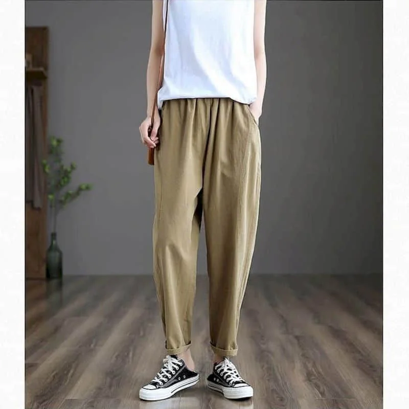 Workwear harem calças femininas verão venda cintura elástica solta casual estilo coreano calças vintage roupas femininas de meia-idade