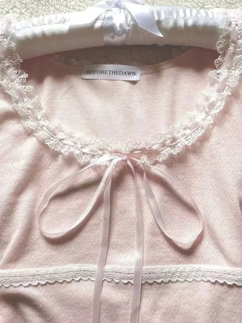 Pink Lace T-shirt Sweet Girl Clothes Bow Bandage stringy selvedge Tops Vintage 90s Clothes T shirts Femme Crop Top Kawaii Tops