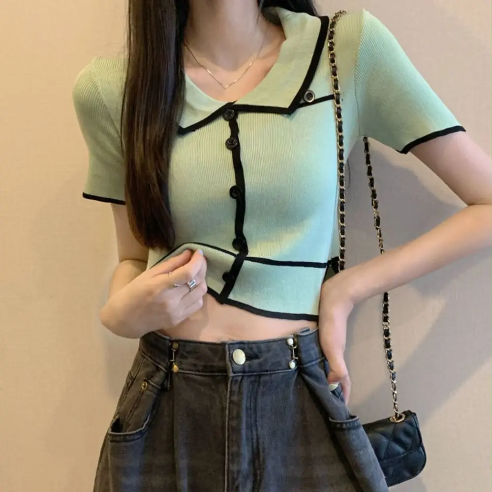 

Flip Collar Short Sleeve Crop Top Slim Fit Ins Stripe Knitted T-shirt Female Clothing Bottoming Shirt Knitwear Women Summer