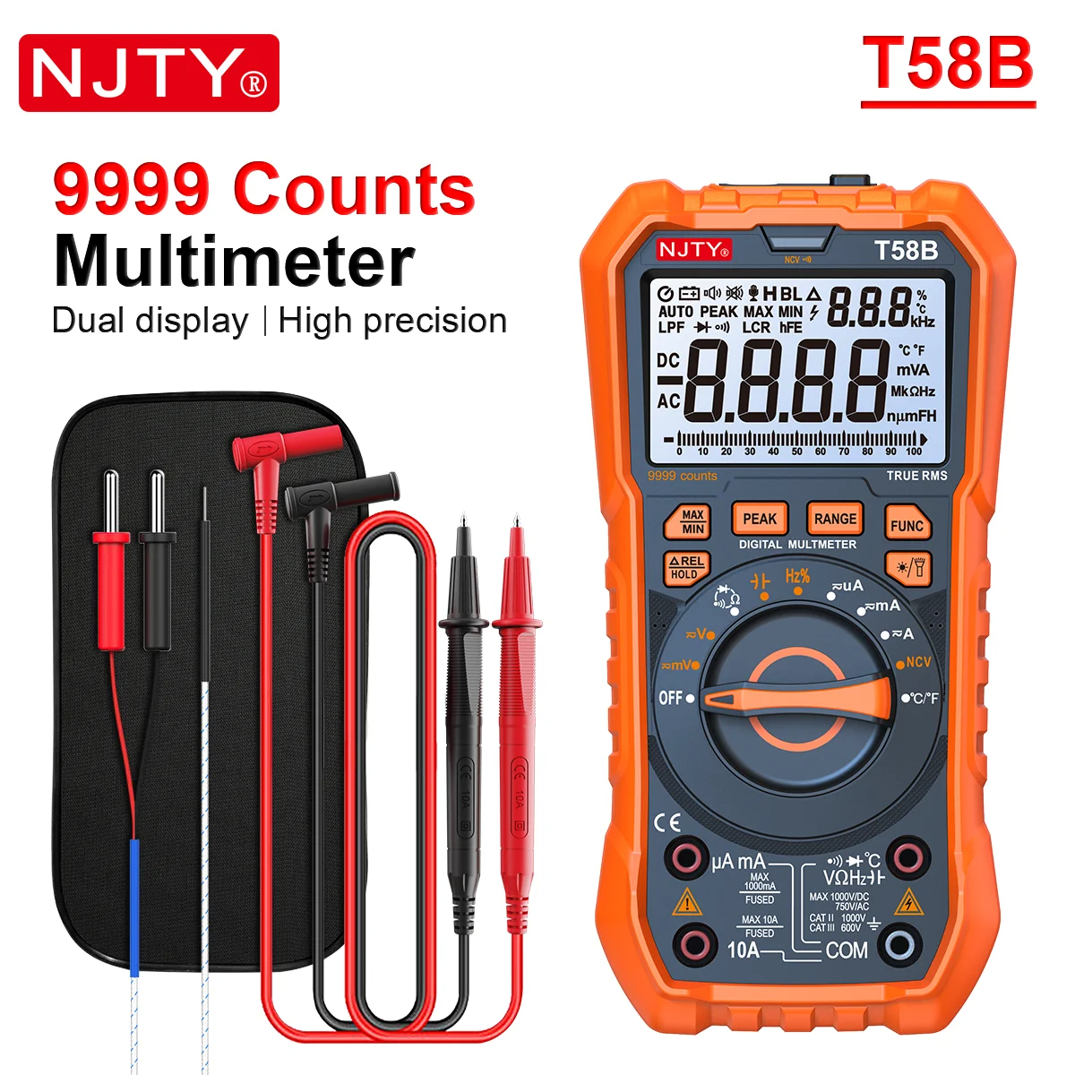 NJTY T58B T58C Induktivitäts-Digitalmultimeter, automatischer Bereich 9999 Zählungen, Spannung, Strom, Kapazität, LED, intelligente Hintergrundbeleuchtung, großer Bildschirm – Detail 17
