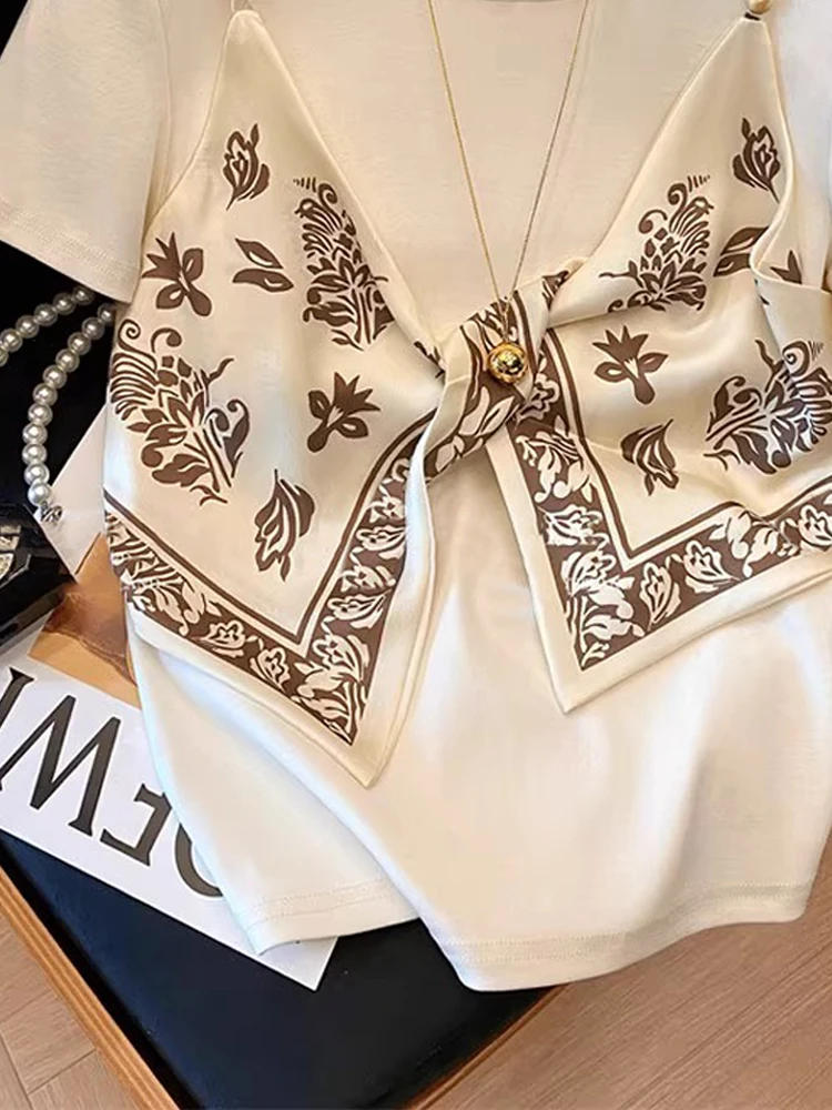 Sommer Schwergewicht Seidenschal Gespleißt ort Sve T-shirt Damen Lose Vielseitig Abnehmen oulder Level Top