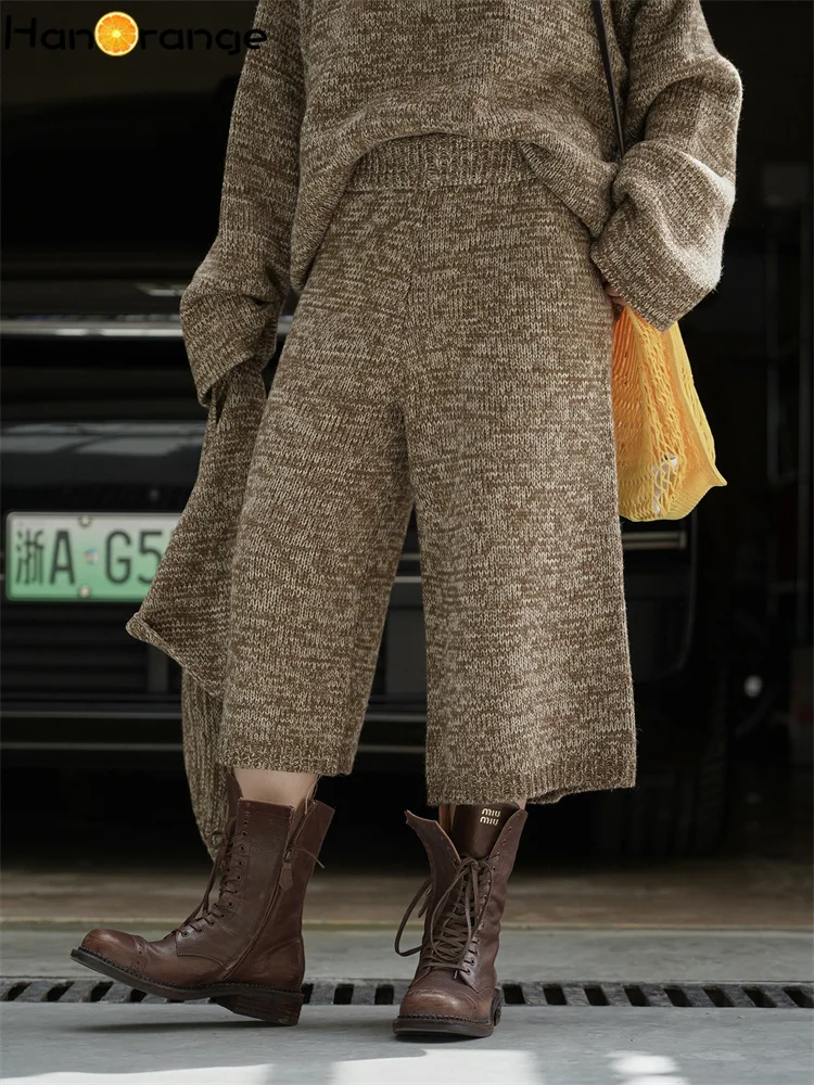 HanOrange 2026 Autumn Fashion Elastic Waist Plain Knitted Casual Capris Women Loose Calf Length Pants Green/Camel Colored