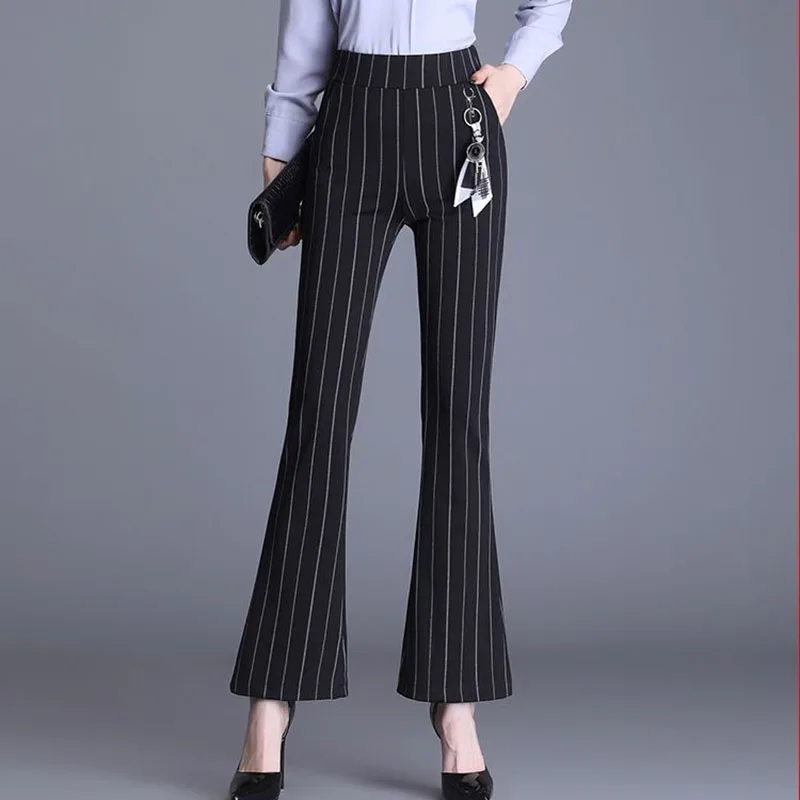 

Fashion Elastic Spliced Pockets Striped Flare Pants Women's Clothing 2025 Summer New Loose Office Lady High Waist Trousers