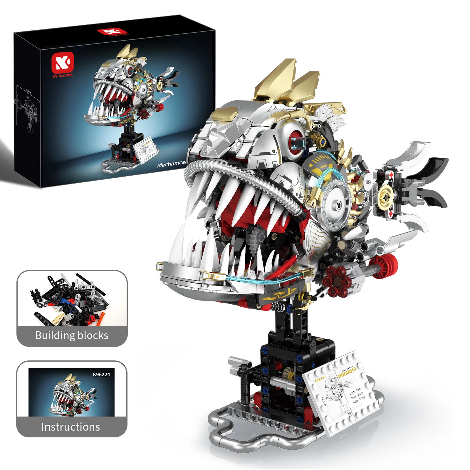 1019 pçs tribo mecânica piranha modelo kit blocos de construção animal biônico com articulações móveis pequena partícula brinquedo ornamento 96224