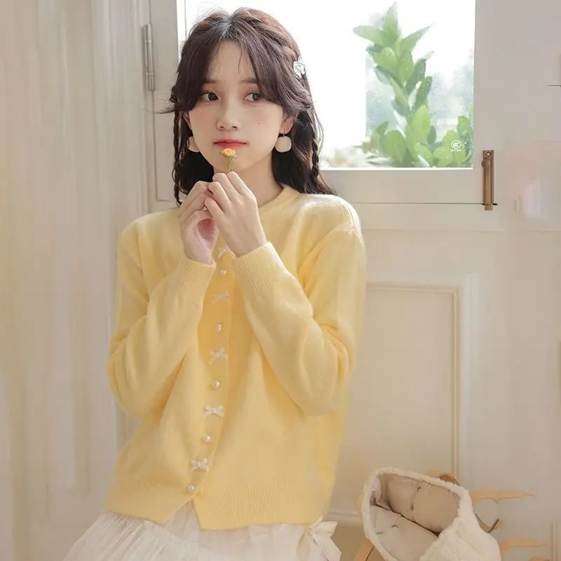 

Women's Top Sweet Style round Neck Spring 2025 Korean Style Simple Commute Butterfly Knot Knitted Open Cardigan Long Sleeve