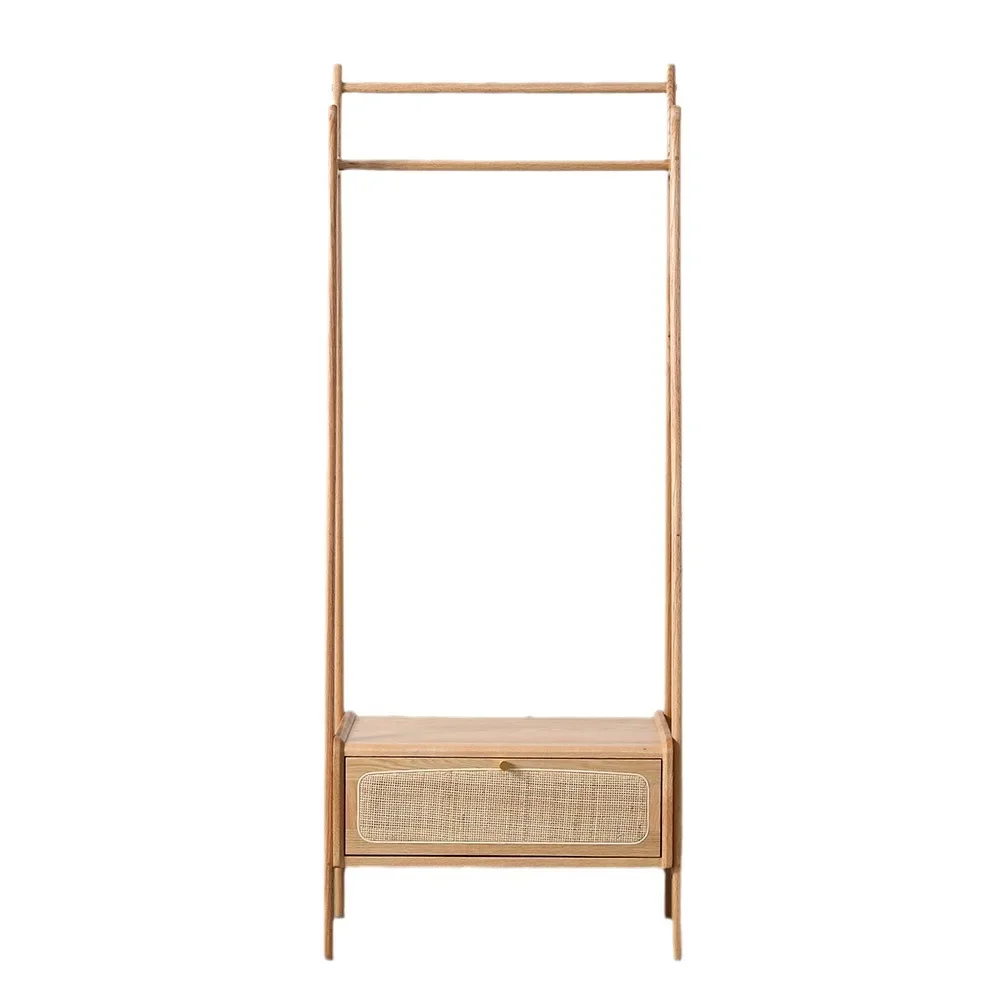 

Rattan solid wood coat rack Nordic home bedroom multi-functional clothes drying rod simple floor-to-ceiling