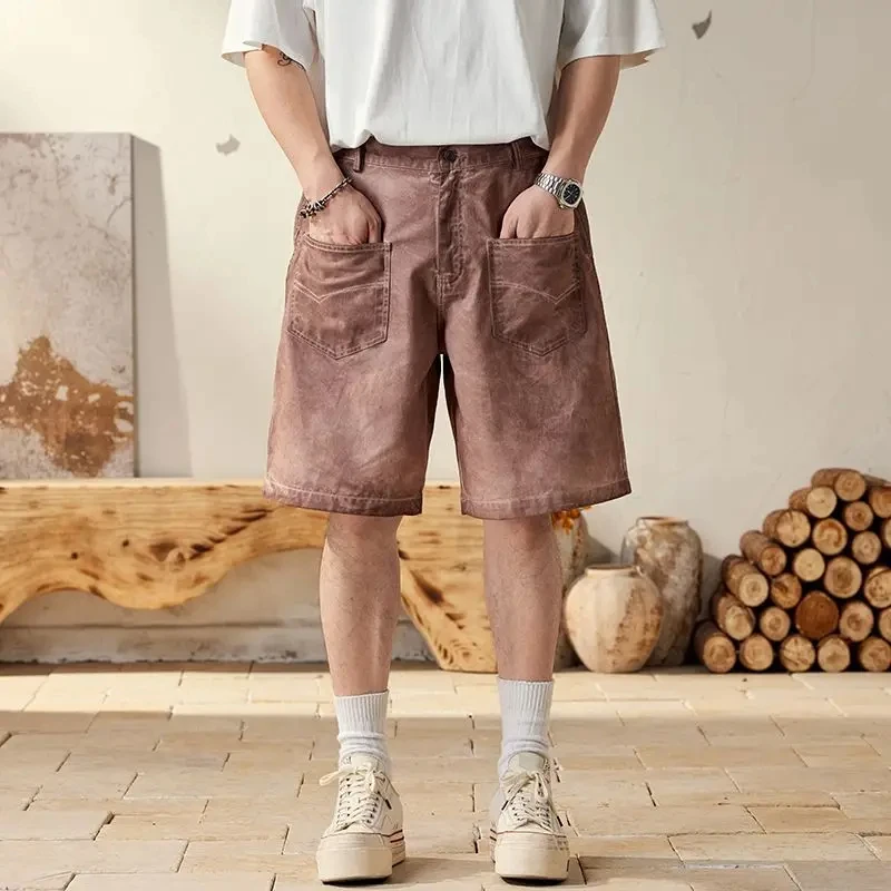 Men Summer Streetwear Washed Cotton Vintage Dirty Fashion Loose Casual Plus Size Cargo Shorts Cityboy Short Pant