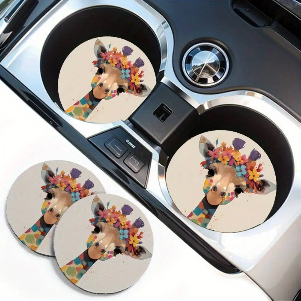 Vibrant Giraffe EVA Car Coasters 2pcs Absorbent Drink Holders Stylish Auto Interior Accessories