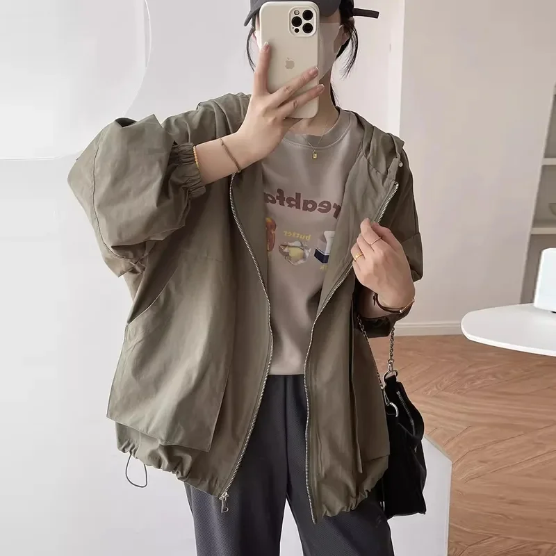 

Korean Women Work Clothes Hooded Windbreaker Coat Advanced Sense Female Loose Leisure Ladies Long Sleeved Trench Outwear