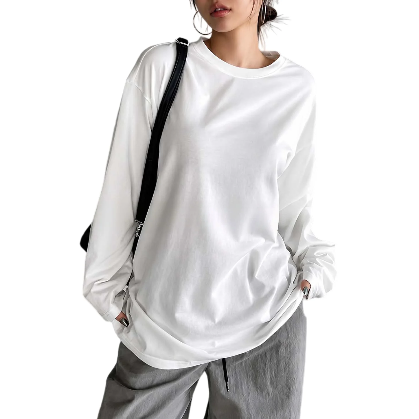 Solid Color Polyester T-Shirt Women Loose for crew Neck Long Sleeve Mid-Length for Yoga Cycling Beach Vacation Spring
