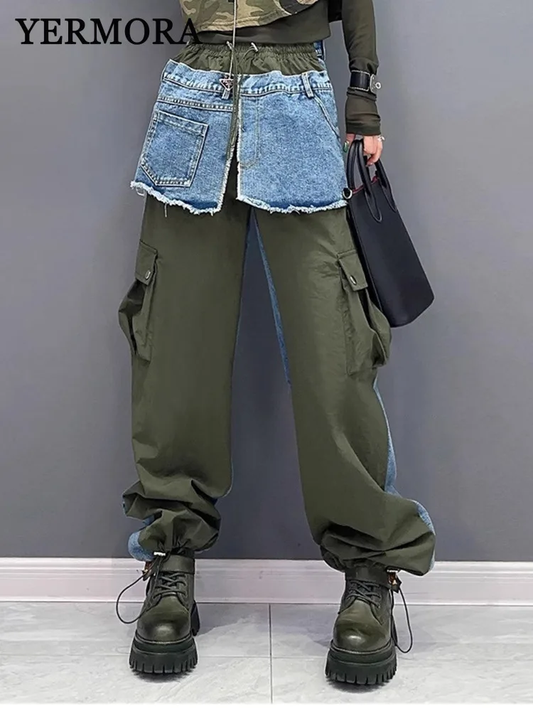 

YERMORA Women Green Spliced Denim Pocket Wide Leg Pants Loose Fit High Elastic Waist Trousers Spring Autumn 2025 New A315