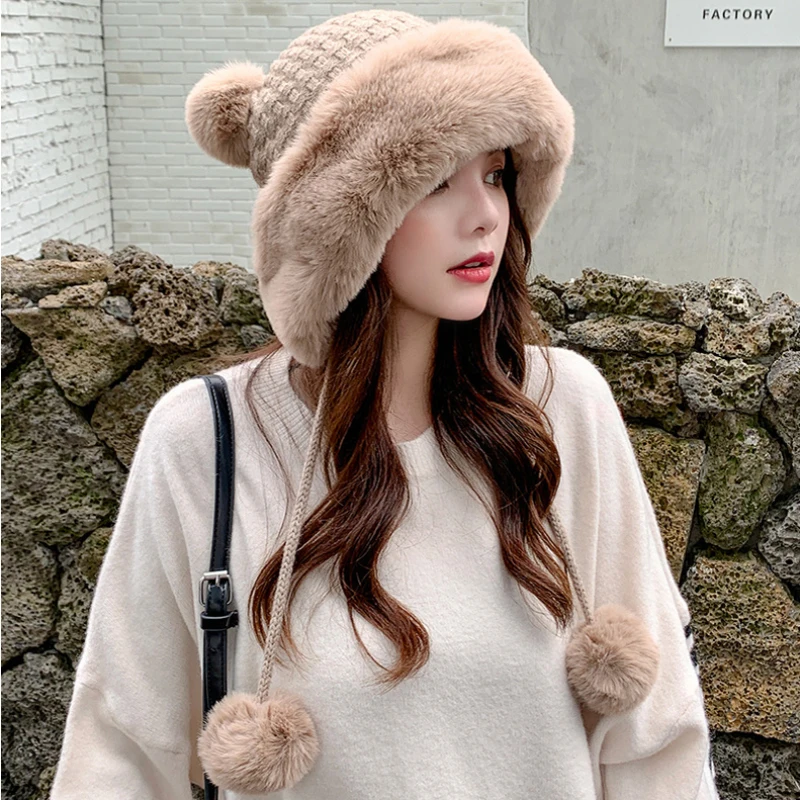 

MZ3374 Thick Warm Autumn Winter Hat for Women Cute Fur Pompoms Knitted Beanie Hat Female Fleece Lined Earflap Hat Ladies Beanies