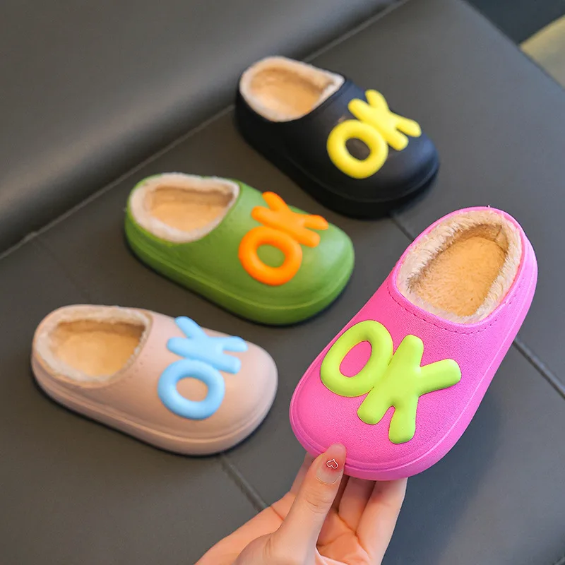 Kids Cotton Slippers Indoor Anti Slip Waterproof Girls Shoes Warm Plush Home Slippers Parent Child Shoes Boys Soft Sole Slides