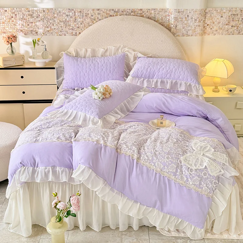 French princess wind-washed cotton three-dimensional lace bed cover four-piece bed sheet quilt cover lace bedding