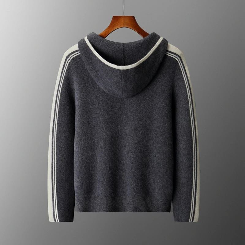 New Product Launch: Men's Hooded Thick Knitted Sweater 100% Merino Wool Men's Zipper Cardigan Casual Loose Stripe Warm Clothing