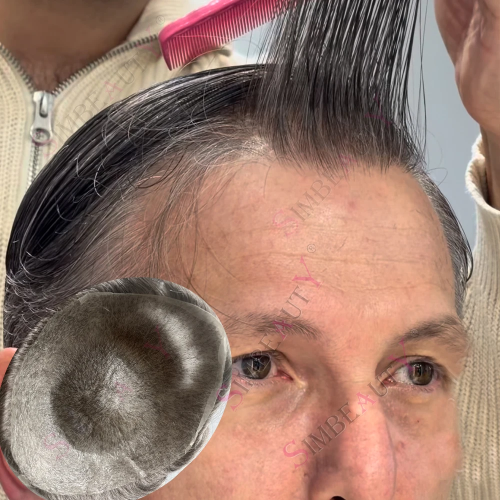 

0.02mm Ultra Thin Skin Base Men's Invisible Hairline Capillary Prosthesi VLoop #365 #1B40 Human Hair System Grey Male Toupee Wig