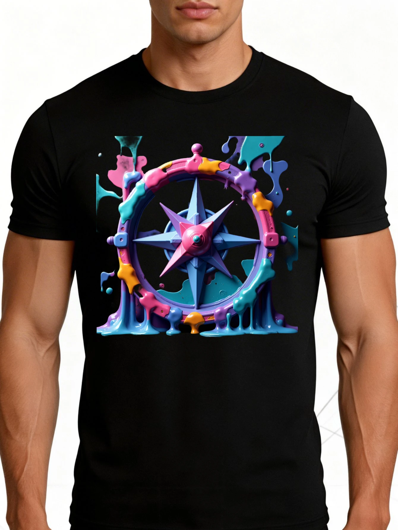 Men's Graphic T-Shirt - Breathable, Soft, Lightweight - Colorful Pattern with Stars and Drip Effect - Vintage Fun Pattern Casual Short Sleeve Summer Top, Gift for Him