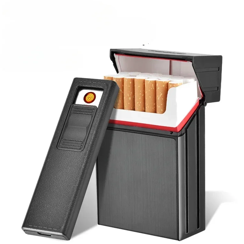 USB Lighter with Cigarette Case, Flameless, Detachable, Electronic, Windproof, 20 Cigarettes Capacity Box