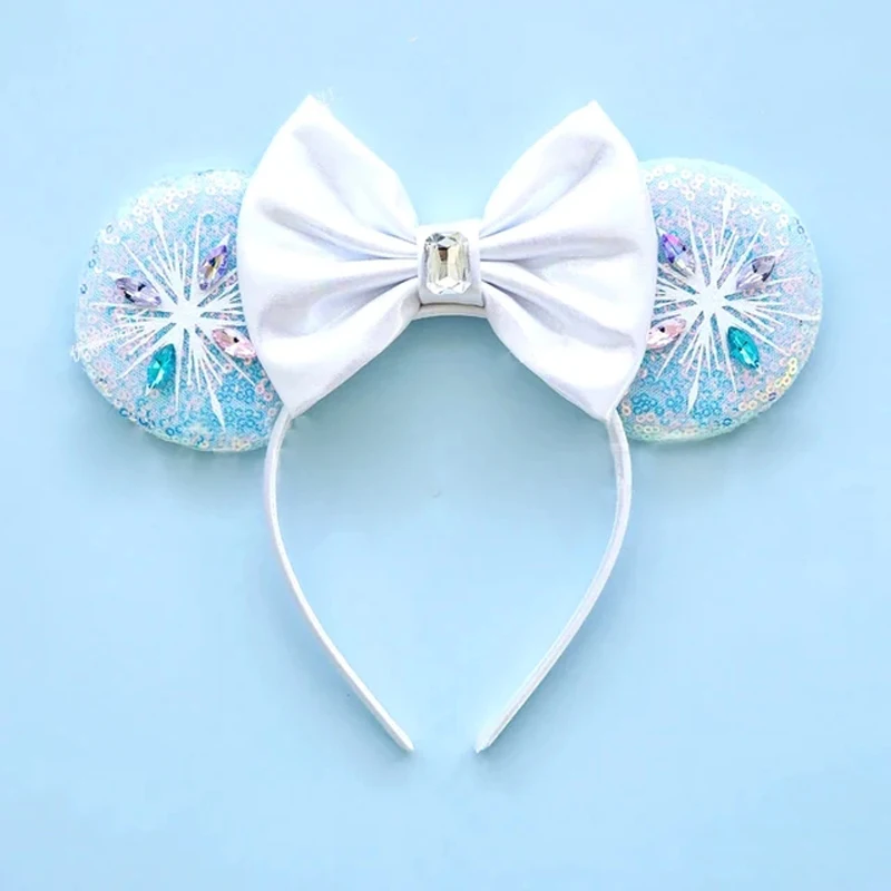 Accesorios para el cabello de Frozen para mujer, diadema con orejas de Mickey Mouse, princesa Elsa, Anna, copo de nieve, corona, lazo, lentejuelas,