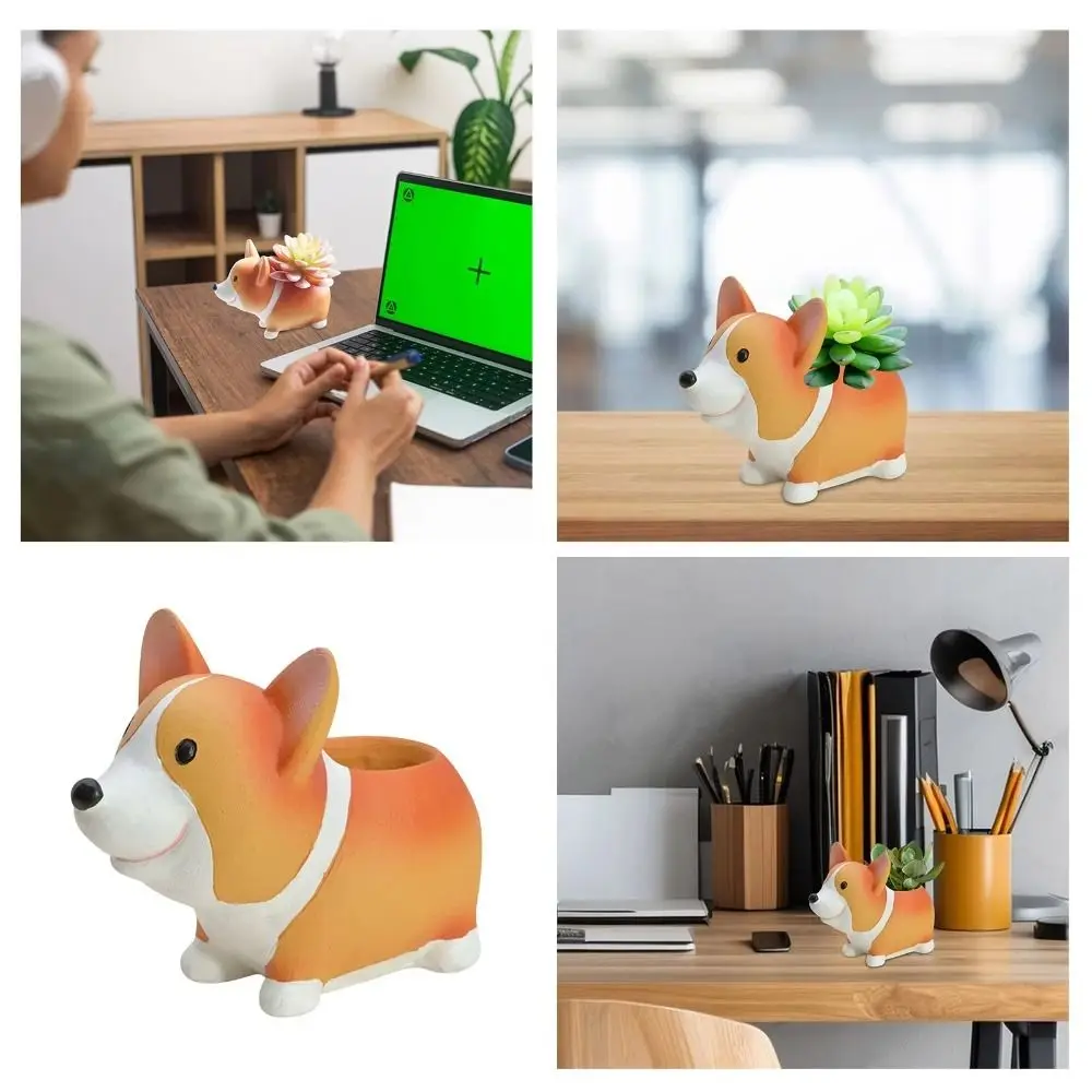 Decorative Corgi Dog Pot Decorations Adorable Exquisite Corgi Dog Resin Ornaments Collectible 14.5cm Corgi Dog Model Toy Plant