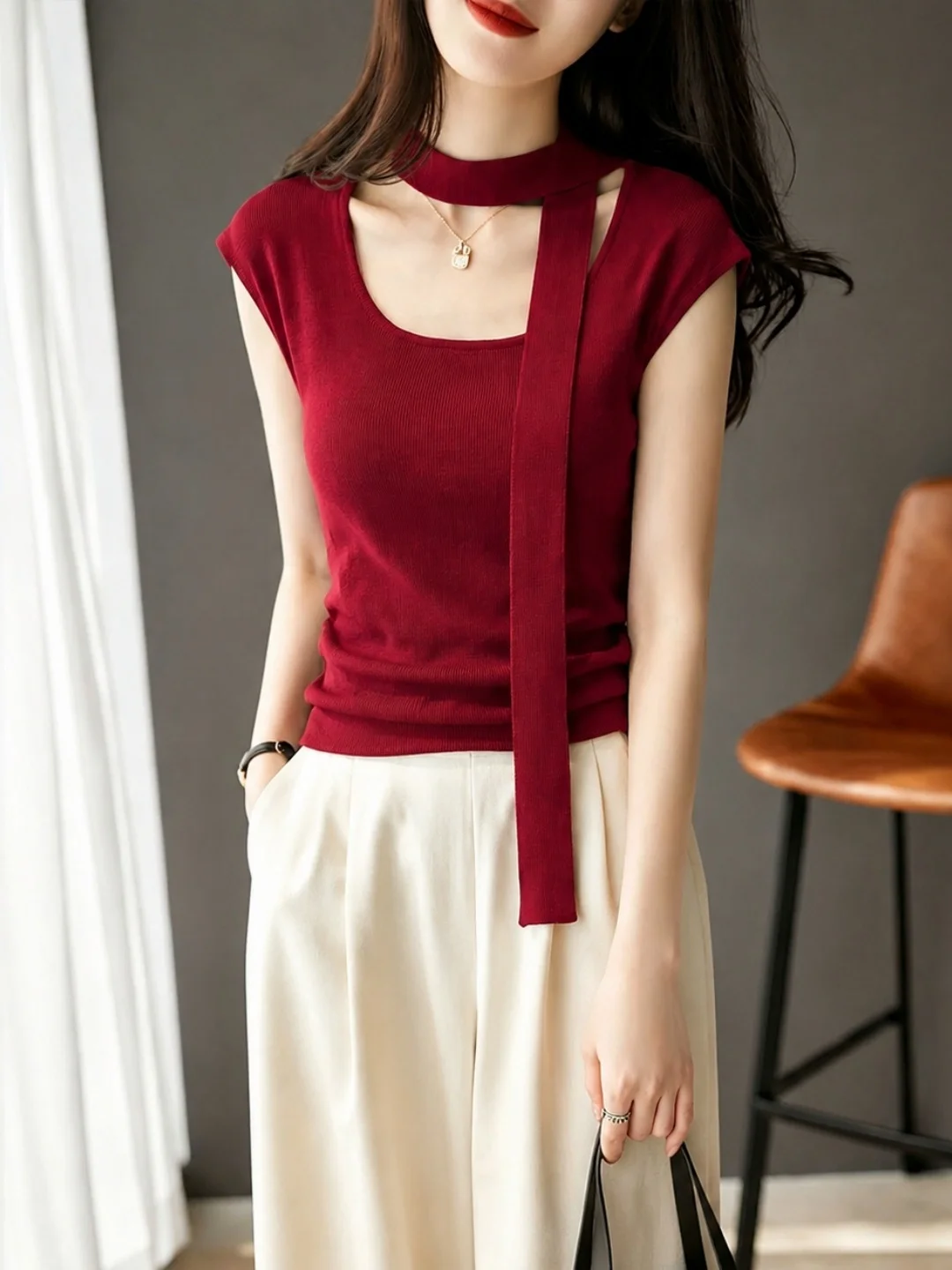 Korean Style Fashionable Knitted Top with Sash Slimming Design Unique Elegant New Arrival Autumn 2026 Silk Women's Top