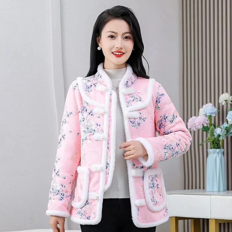 New Chinese Style Winter Plush Jacket Women Retro Ethnic Large Size Embroider Stand Collar Fleece Cotton Coat Outwear Ladies 6XL